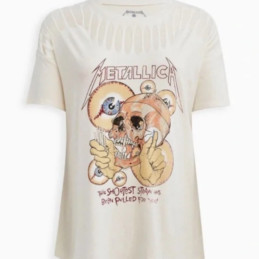 Torrid Metallica Ivory Cream Slashed Neckline T-shirt Plus Size 00 or Reg 10-12